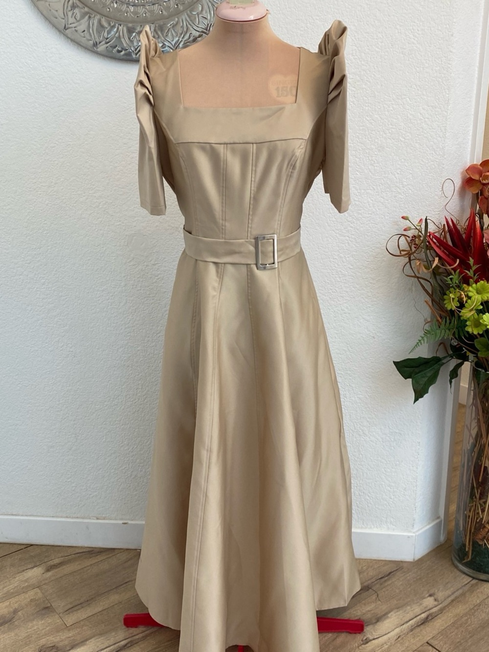 Filipiniana Classic Square-Neck Cream Midi Dress with Pockets, Belt. Fits S to L